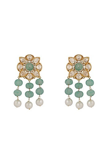 Gold Finish Sea Green Moissanite Stone Floral Earrings