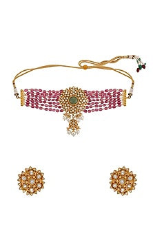 Gold Finish Pink Jadau & Pearl Choker Necklace Set