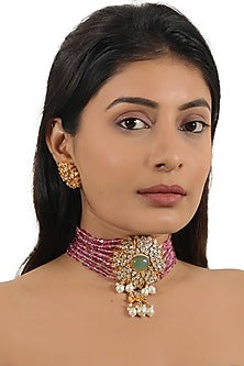 Gold Finish Pink Jadau & Pearl Choker Necklace Set