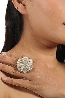 Gold Plated White Jadtar & Pearl Floral Ring