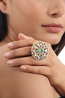 Gold Plated Jadtar & Pearl Floral Ring