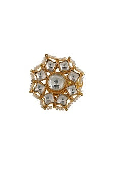 Gold Plated White Jadtar & Pearl Floral Ring