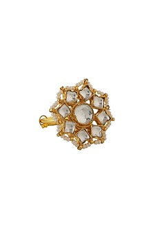 Gold Plated White Jadtar & Pearl Floral Ring