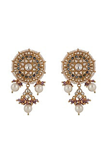 Gold Finish White Jadtar & Purple Hanging Stud Earrings