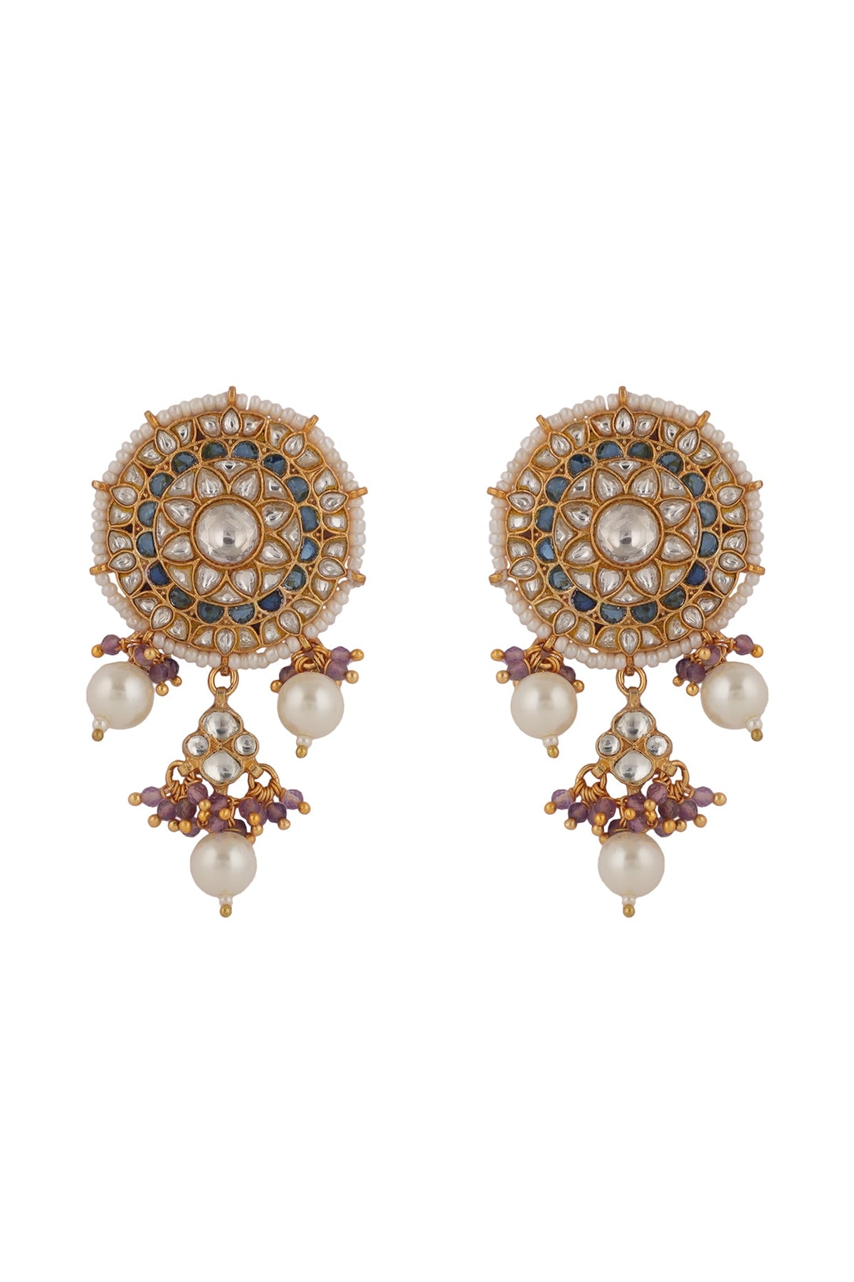 Gold Finish White Jadtar & Purple Hanging Stud Earrings