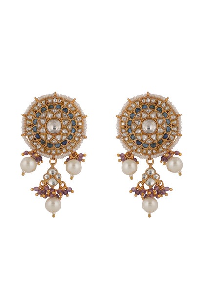 Gold Finish White Jadtar & Purple Hanging Stud Earrings