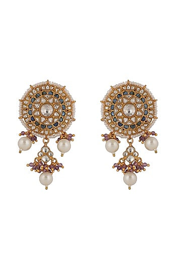 Gold Finish White Jadtar & Purple Hanging Stud Earrings