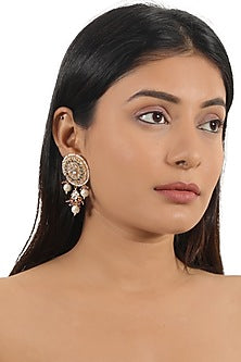 Gold Finish White Jadtar & Purple Hanging Stud Earrings