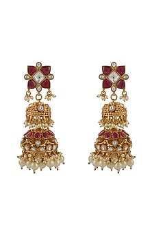 Gold Plated Pink Jadtar & Pearl Jhumka Earrings