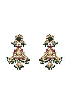 Gold Plated Pink Jadtar & Pearl Floral Earrings
