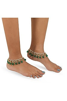 Gold Plated Green Jadtar & Pearl Anklets