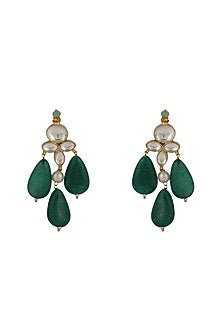 Gold Plated White Jadtar & Green Drop Earrings