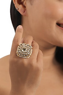 Gold Plated White Jadtar & Pearl Ring