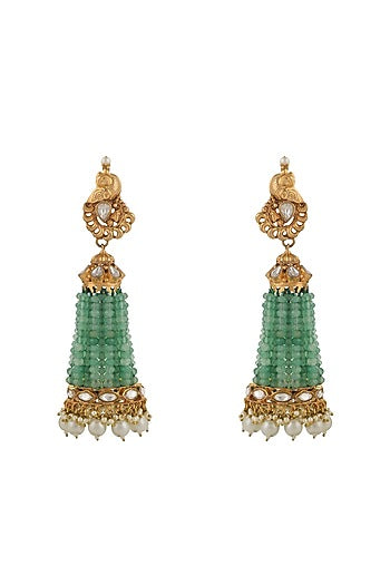 Gold Plated Sea Green & White Pearl Jhumka Earrings