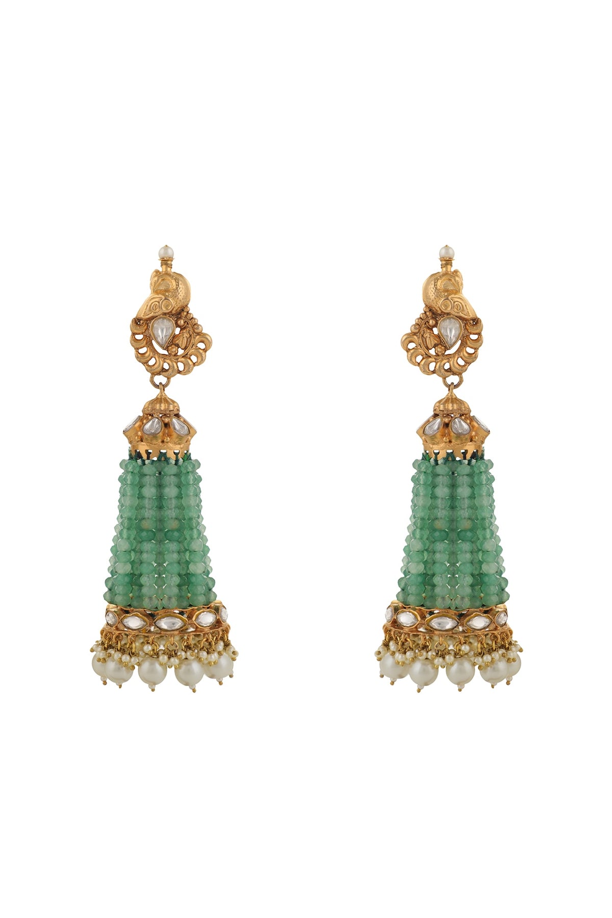 Gold Plated Sea Green & White Pearl Jhumka Earrings