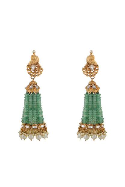 Gold Plated Sea Green & White Pearl Jhumka Earrings
