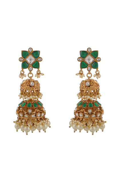 Gold Plated Green Jadtar & Pearl Jhumka Earrings