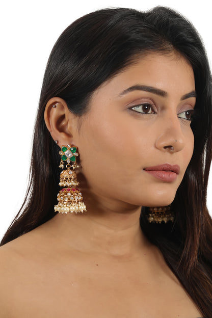 Gold Plated Green Jadtar & Pearl Jhumka Earrings
