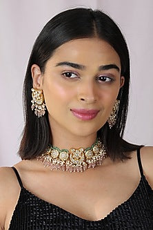 Gold Finish Jadau & Glass Beaded Choker Necklace Set
