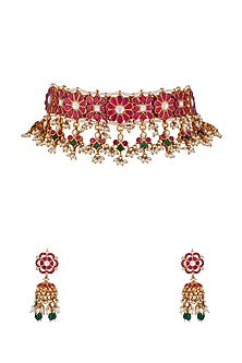 Gold Finish Emerald & Ruby Choker Necklace Set