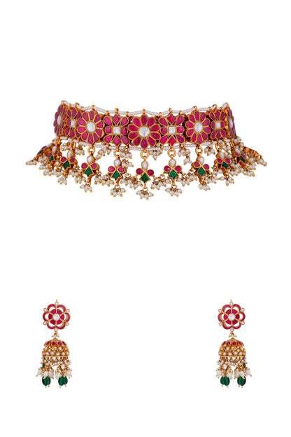 Gold Finish Emerald & Ruby Choker Necklace Set