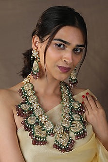 Gold Finish Jadau & Pearl Rajwadi Long Necklace Set