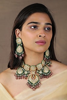 Gold Plated Jadau & Emerald Beaded Necklace Set