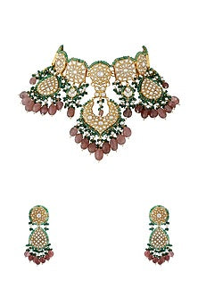 Gold Plated Jadau & Emerald Beaded Necklace Set