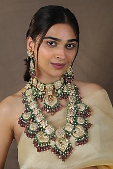 Gold Finish Mozanite Stone & Beaded Layered Necklace Set