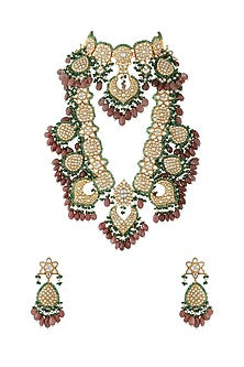 Gold Finish Mozanite Stone & Beaded Layered Necklace Set