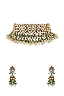 Gold Finish Jadau & Pearl Choker Necklace Set