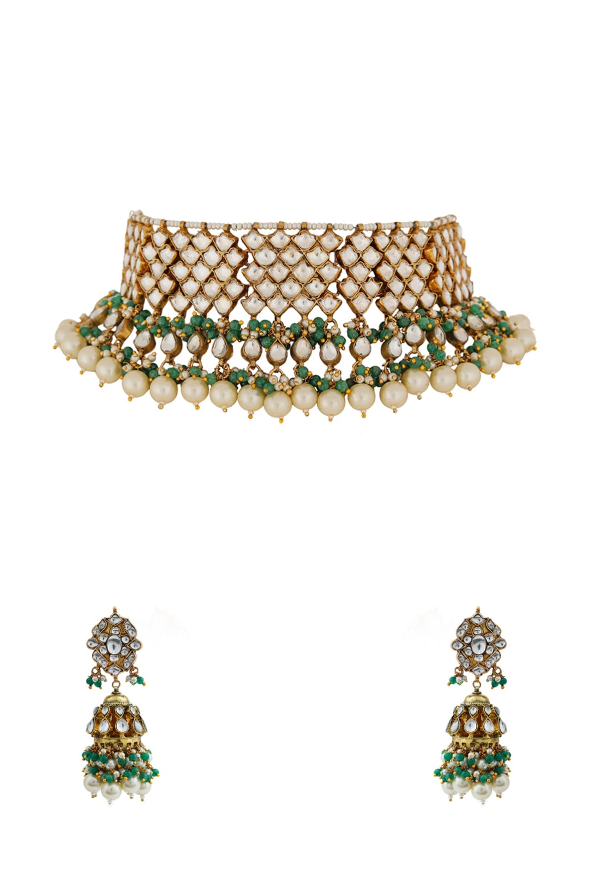 Gold Finish Jadau & Pearl Choker Necklace Set