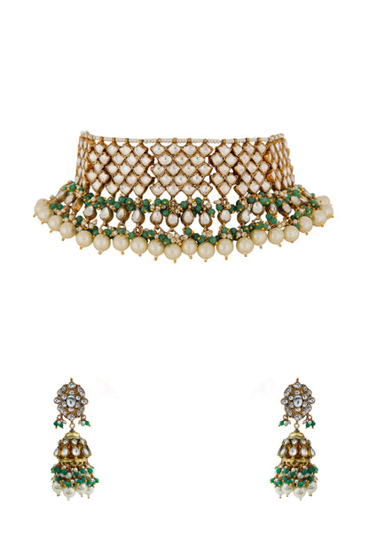 Gold Finish Jadau & Pearl Choker Necklace Set
