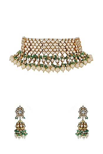 Gold Finish Jadau & Pearl Choker Necklace Set