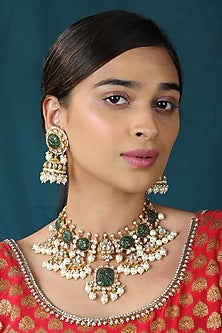 Gold Finish Mozanite & Carved Stone Necklace Set