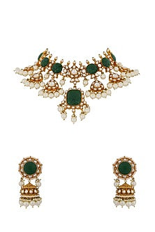 Gold Finish Mozanite & Carved Stone Necklace Set