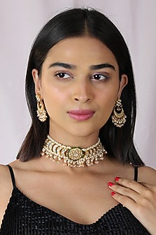 Gold Finish Jadau & Pearl Choker Necklace Set