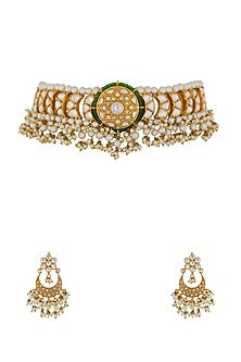 Gold Finish Jadau & Pearl Choker Necklace Set