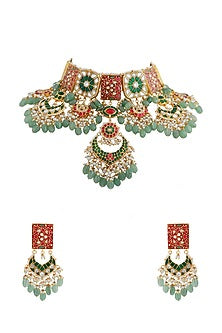 Gold Finish Jadau & Pearl Choker Necklace Set