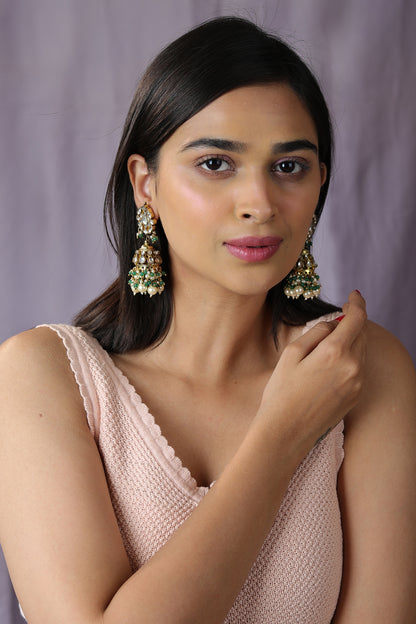 Gold Finish Jadau & Pearl Jhumka Earrings