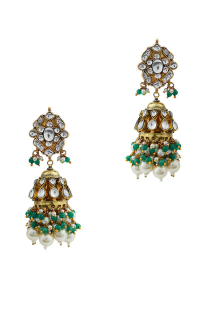 Gold Finish Jadau & Pearl Jhumka Earrings