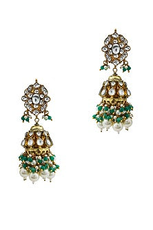 Gold Finish Jadau & Pearl Jhumka Earrings