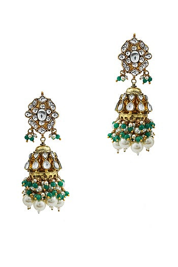 Gold Finish Jadau & Pearl Jhumka Earrings