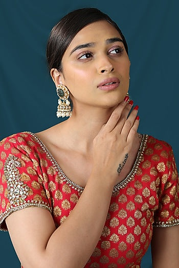 Gold Finish Jadau & Pearl Jhumka Earrings