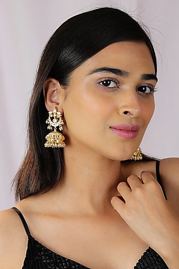 Gold Finish Jadau & Pearl Jhumka Earrings