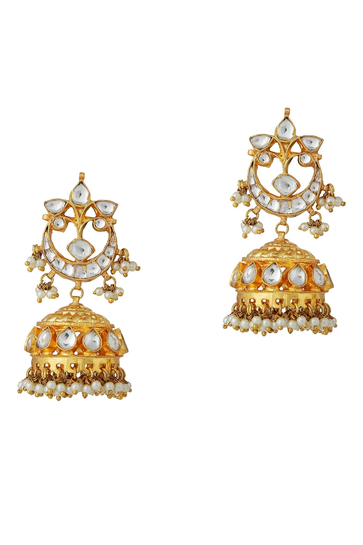Gold Finish Jadau & Pearl Jhumka Earrings