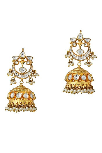 Gold Finish Jadau & Pearl Jhumka Earrings