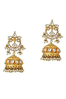 Gold Finish Jadau & Pearl Jhumka Earrings