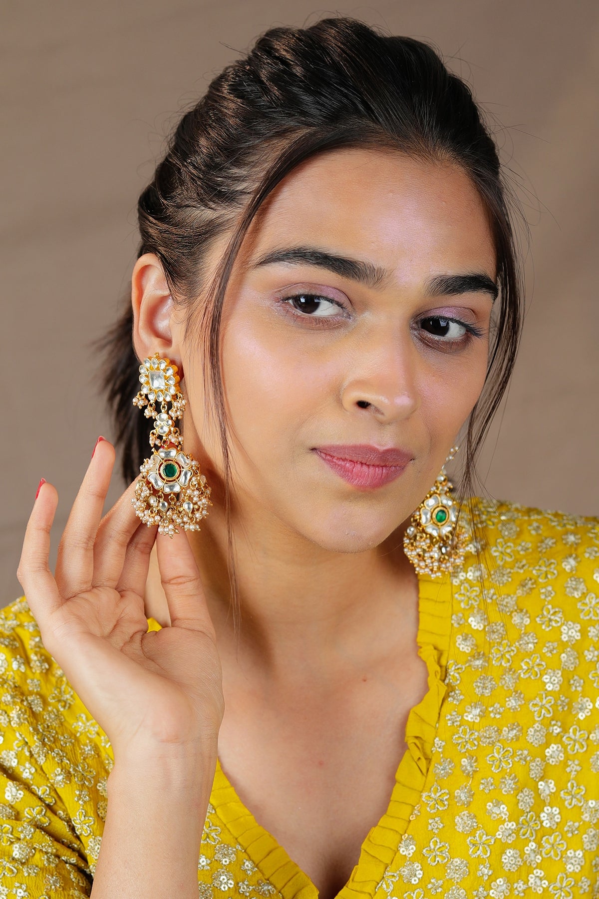Gold Finish Jadau & Glass Beaded Dangler Earrings