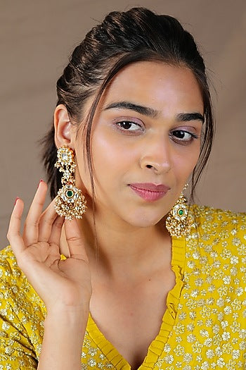 Gold Finish Jadau & Glass Beaded Dangler Earrings